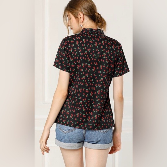 Bow Tie Neck Short Sleeve Printed Chiffon Blouse Black-Cherry SZ XL - Picture 3 of 9